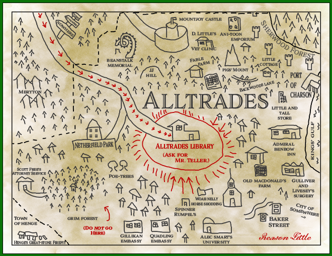 The Rhyme Time Teller's town of Alltrades. His Alltrades Library is directly in the middle, surrounded by many other fantastical locations you might know from stories, including Old Macdonald's Farm, Baker Street, the Admiral Benbow Inn, and Netherfield Park.