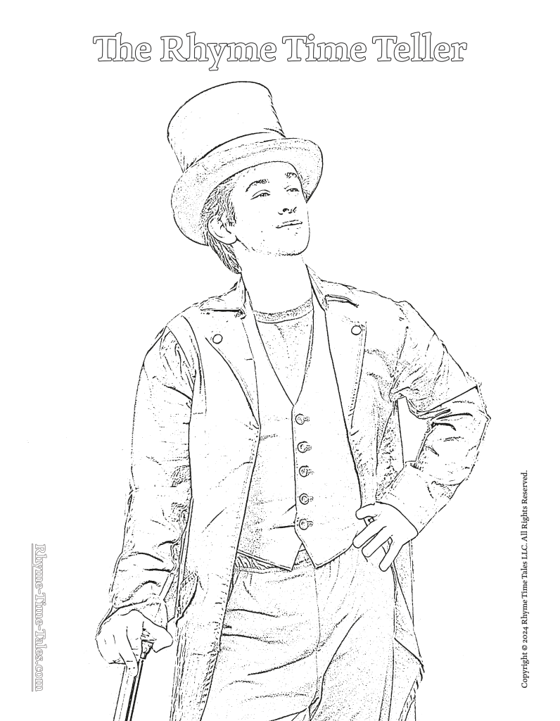 The Rhyme Time Teller Coloring Page, with The Rhyme Time Teller standing with his cane. Given out at the Vermont Fairy Tale Festival.